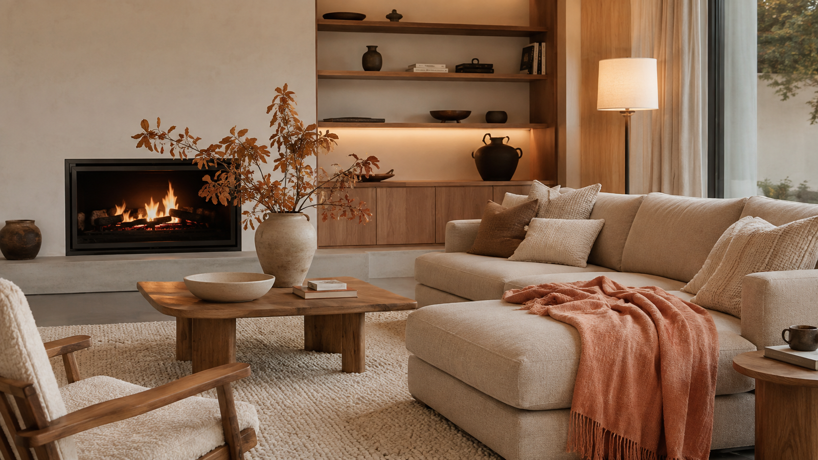 Warm beige living room with a soft persimmon throw, textured cream rug and natural oak details